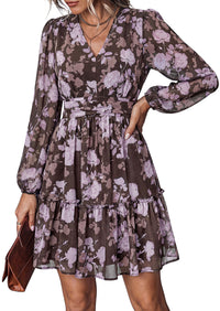 PRETTYGARDEN Women Floral Long Sleeve Mini Dress | Fall Wedding Guest Dresses, V Neck, Fit & Flare, Ruffle Hem A-Line, Short Chiffon Dress, Elegant Holiday Party, Date Outfits