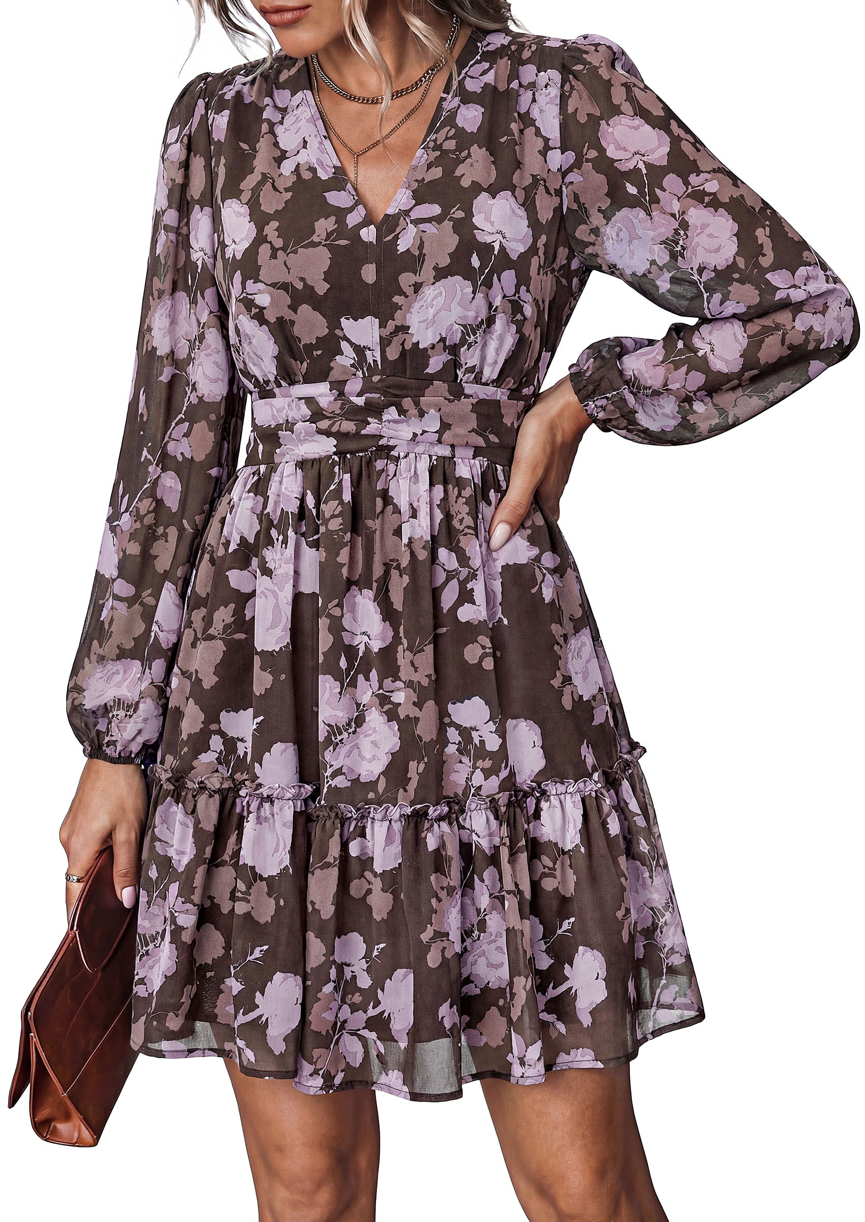 PRETTYGARDEN Women Floral Long Sleeve Mini Dress | Fall Wedding Guest Dresses, V Neck, Fit & Flare, Ruffle Hem A-Line, Short Chiffon Dress, Elegant Holiday Party, Date Outfits