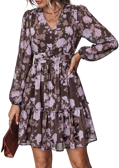 PRETTYGARDEN Women Floral Long Sleeve Mini Dress | Fall Wedding Guest Dresses, V Neck, Fit & Flare, Ruffle Hem A-Line, Short Chiffon Dress, Elegant Holiday Party, Date Outfits