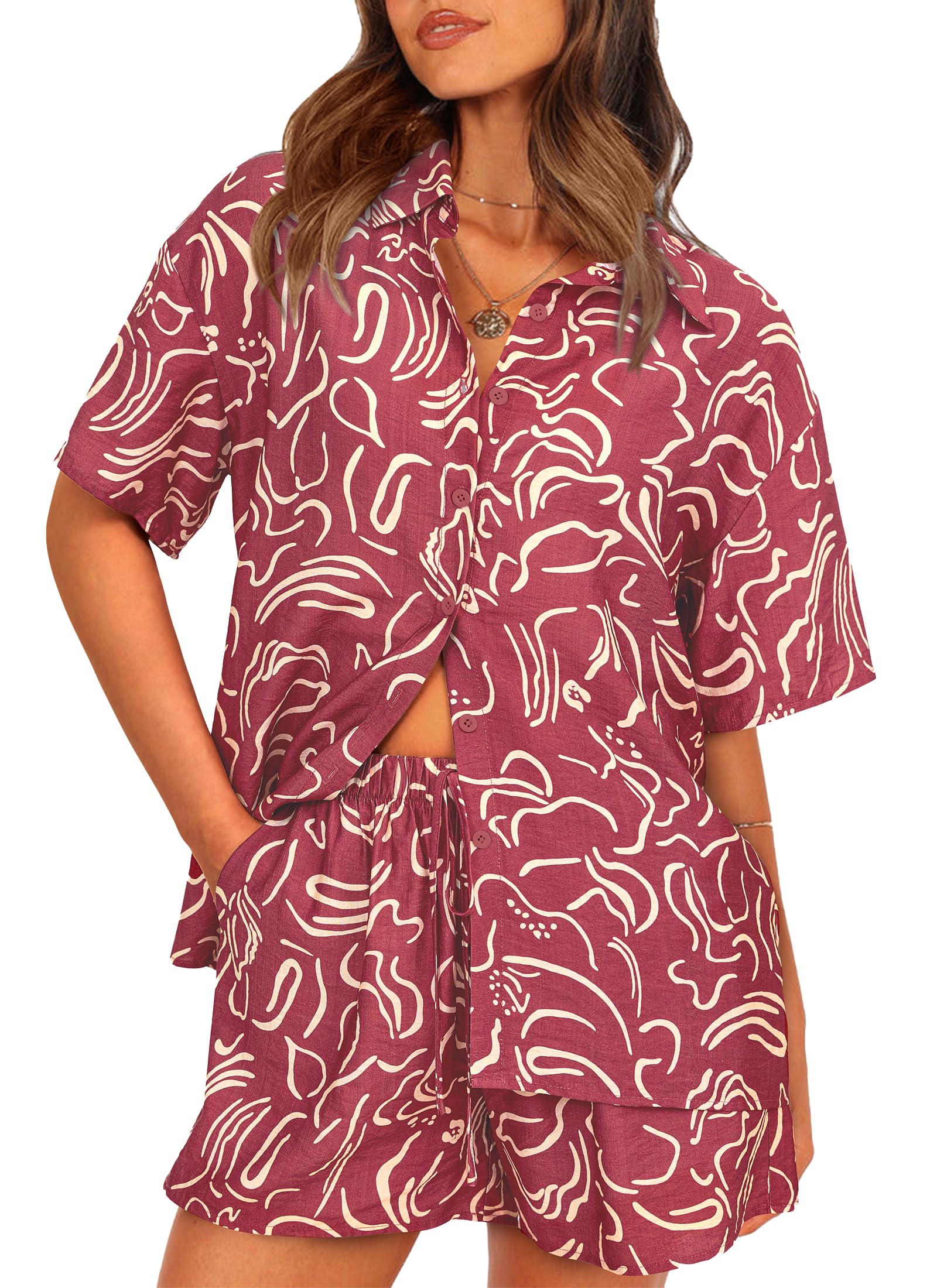 PRETTYGARDEN Women Summer 2 Piece Sets Printed Short Sleeve Tops Lounge Shorts Beach Vacation Outfits