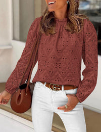 Womens Blouses Dressy Casual Embroidered Long Puff Sleeve Shirts Ruffle Eyelet Lace Top Fall Clothes