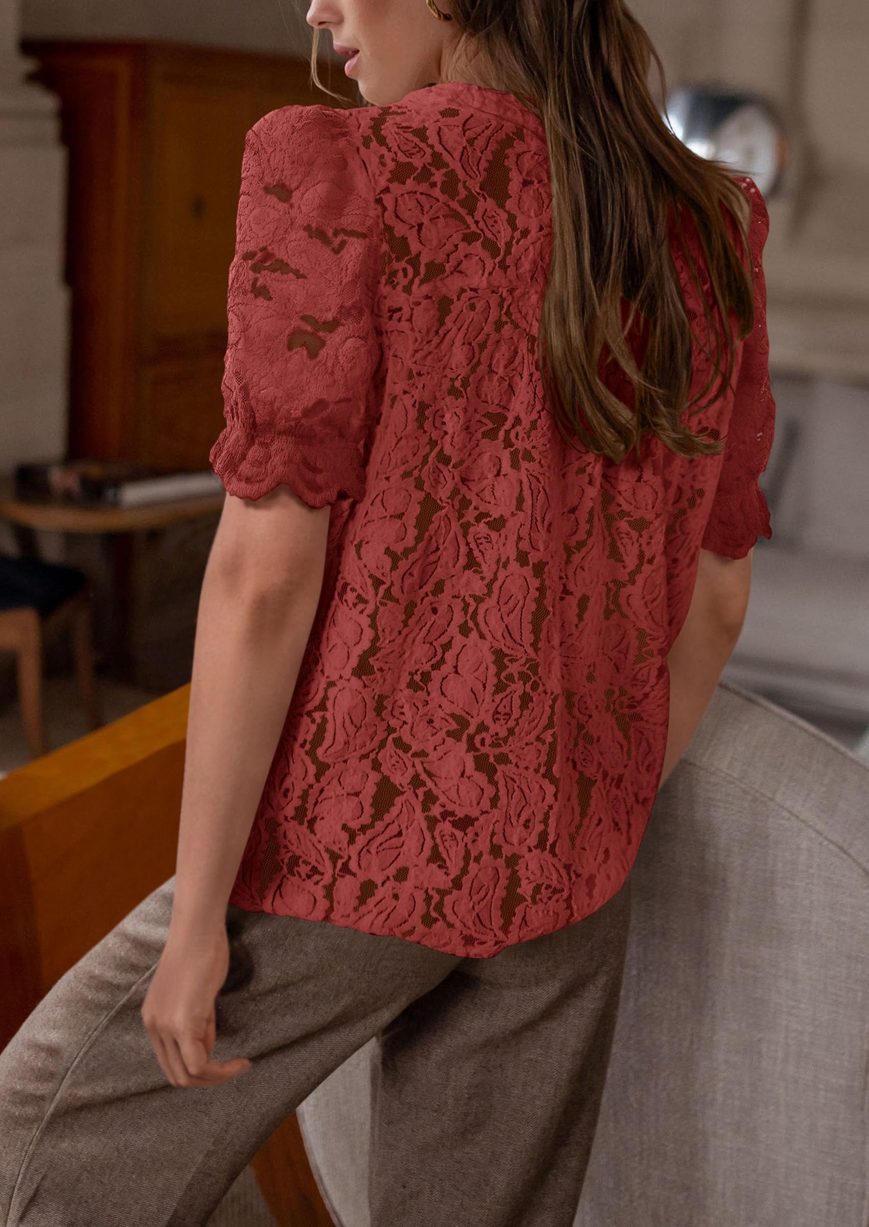 PRETTYGARDEN Womens Spring Lace Tops Short Puff Sleeve Casual Dressy Blouses Eyelet Crew Neck Button Down Shirts