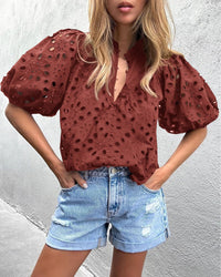 Hollow Out Lace Embroidered Blouse