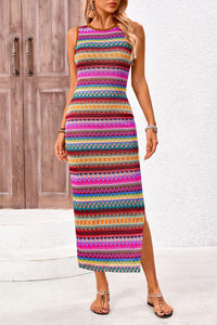 Womens Summer Sleeveless Tank Dress Crew Neck Striped Side Slit Bodycon Casual Maxi Dresses