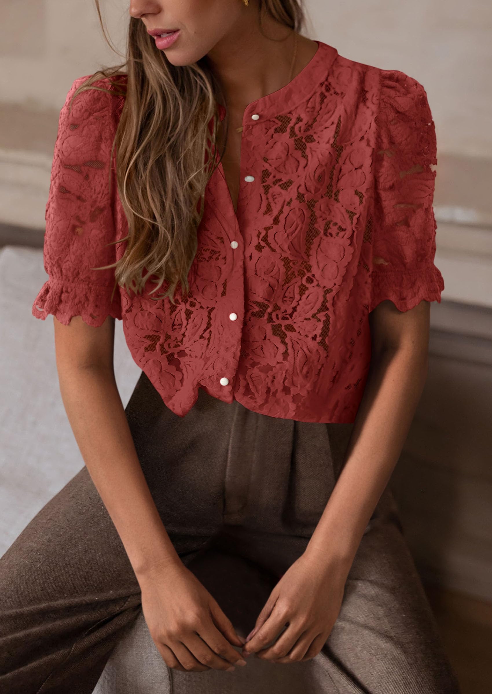 PRETTYGARDEN Womens Spring Lace Tops Short Puff Sleeve Casual Dressy Blouses Eyelet Crew Neck Button Down Shirts