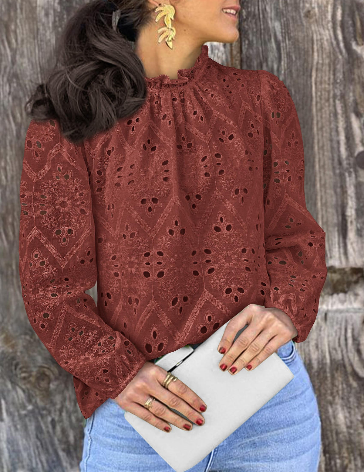 Womens Blouses Dressy Casual Embroidered Long Puff Sleeve Shirts Ruffle Eyelet Lace Top Fall Clothes