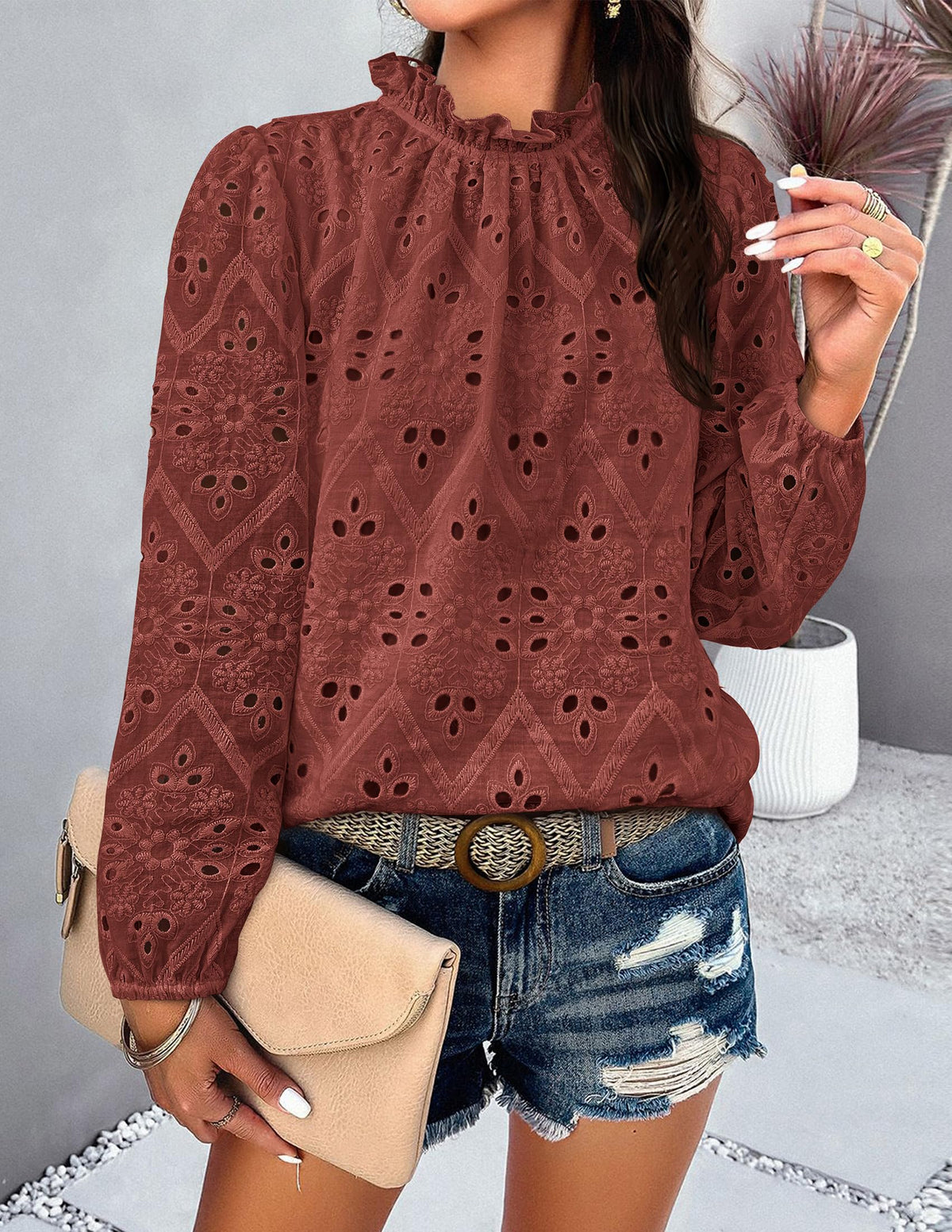 Womens Blouses Dressy Casual Embroidered Long Puff Sleeve Shirts Ruffle Eyelet Lace Top Fall Clothes