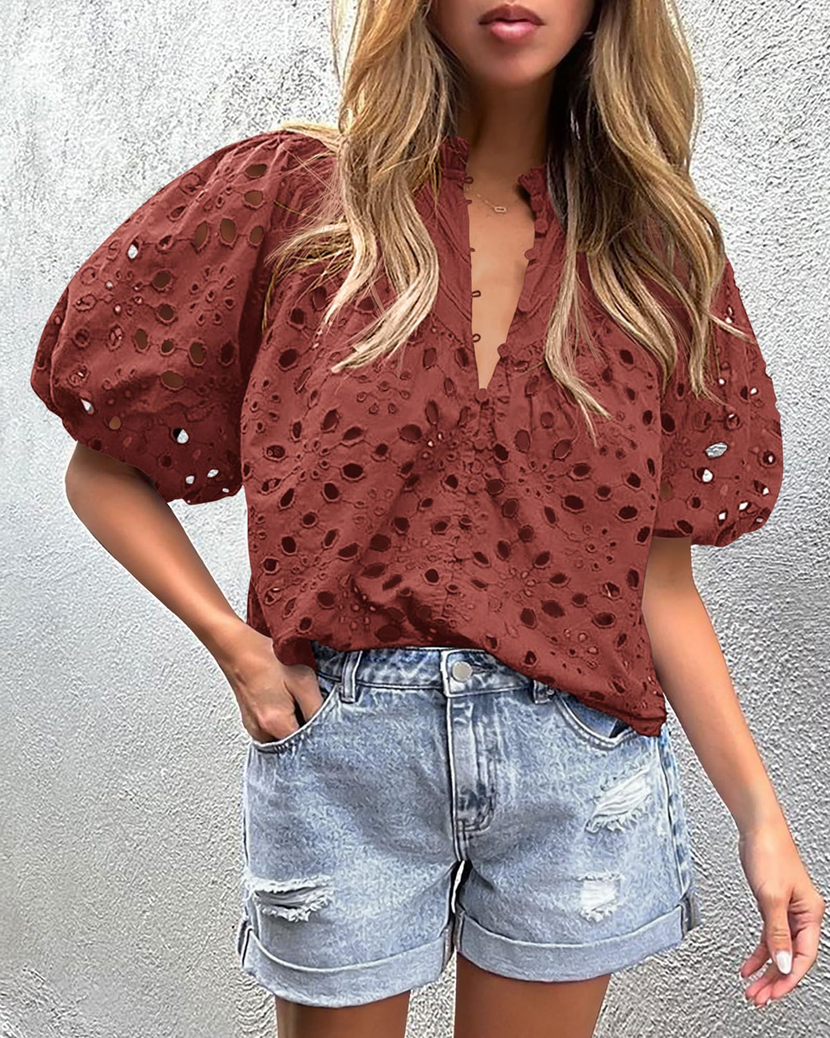 Hollow Out Lace Embroidered Blouse