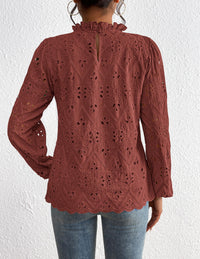 Womens Blouses Dressy Casual Embroidered Long Puff Sleeve Shirts Ruffle Eyelet Lace Top Fall Clothes