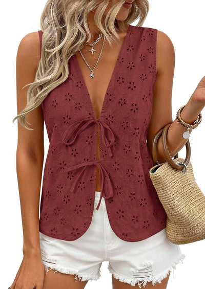 PRETTYGARDEN Women 2026 Summer Tie Front Eyelet Tank Tops Trendy Floral Vest Sleeveless V Neck Dressy Blouse Vacation Outfits PRETTYGARDEN