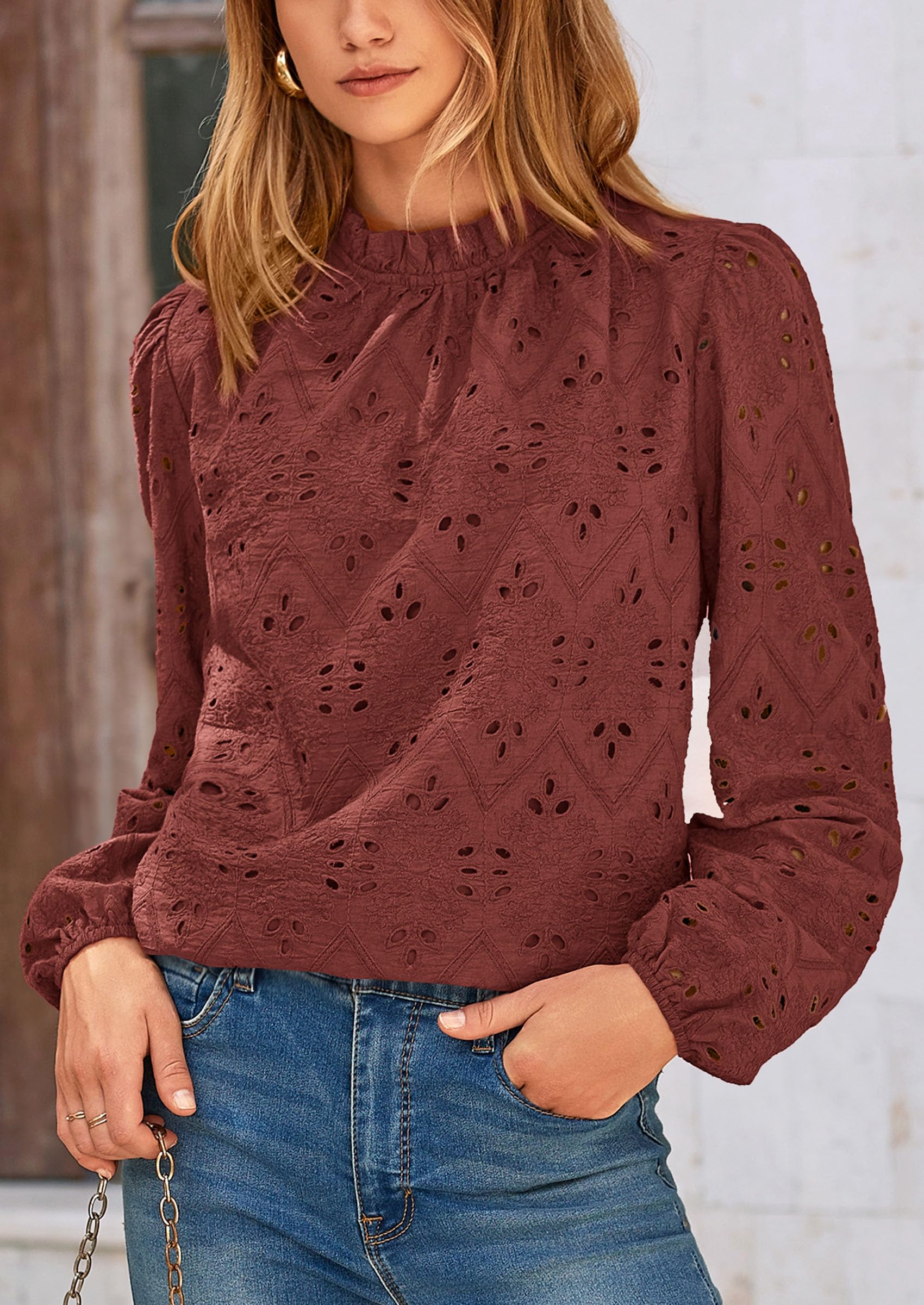 PRETTYGARDEN Womens Tops Dressy Casual Spring Long Sleeve Shirts Embroidered Eyelet Blouses Going Out Outfits