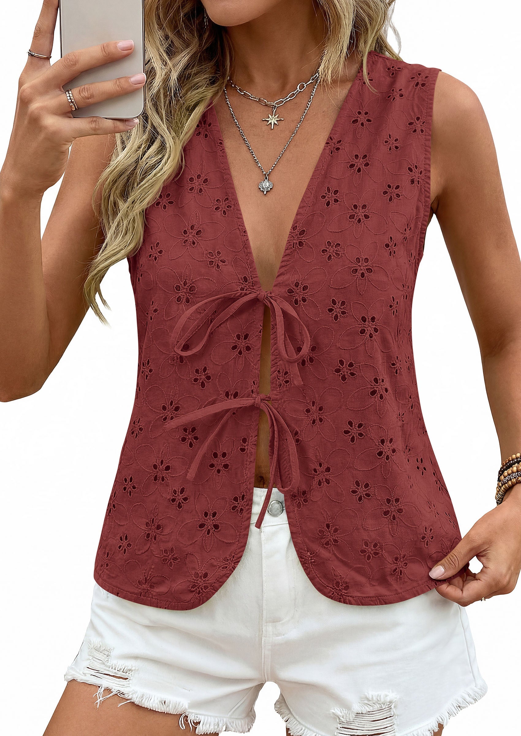 PRETTYGARDEN Women 2026 Summer Tie Front Eyelet Tank Tops Trendy Floral Vest Sleeveless V Neck Dressy Blouse Vacation Outfits PRETTYGARDEN