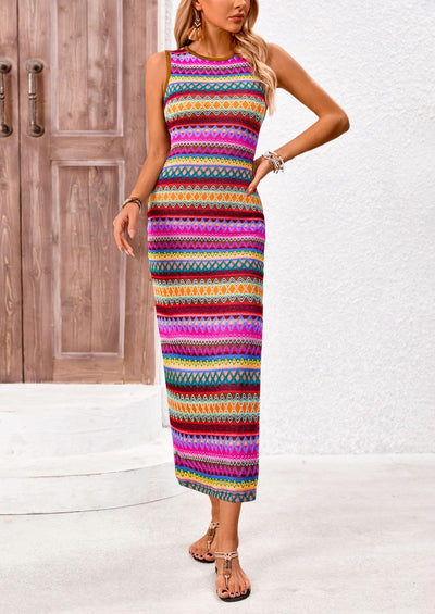 PRETTYGARDEN Womens Maxi Tank Spring Dress Sleeveless Crew Neck Striped Side Slit Casual Long Bodycon Dresses