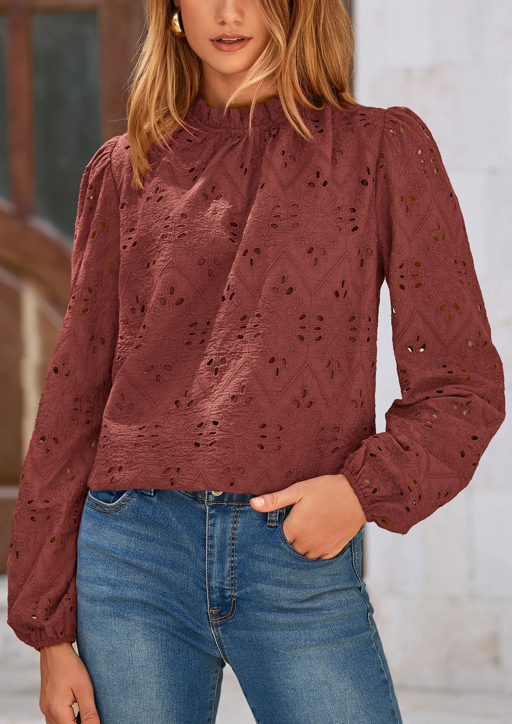 PRETTYGARDEN Womens Tops Dressy Casual Spring Long Sleeve Shirts Embroidered Eyelet Blouses Going Out Outfits