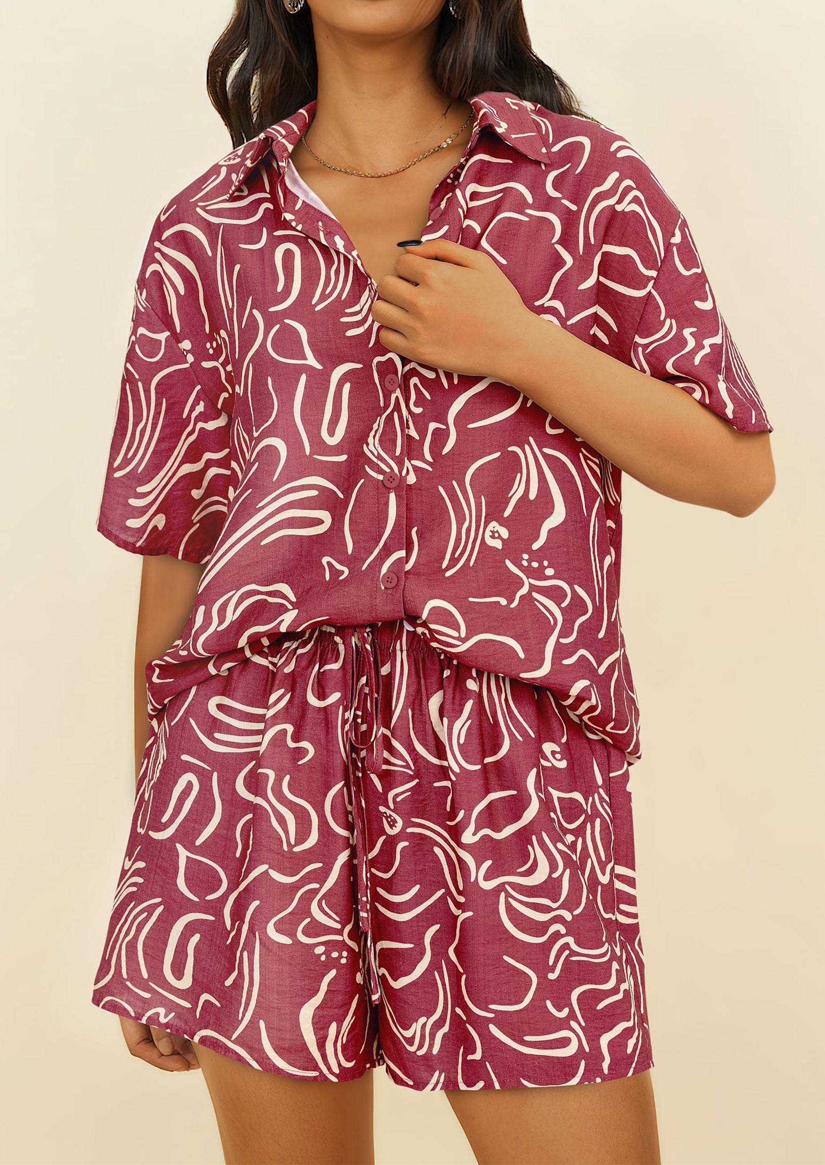 PRETTYGARDEN Women Summer 2 Piece Sets Printed Short Sleeve Tops Lounge Shorts Beach Vacation Outfits