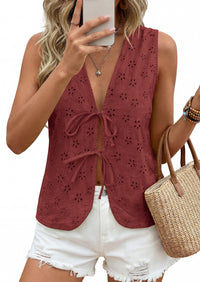 PRETTYGARDEN Women 2026 Summer Tie Front Eyelet Tank Tops Trendy Floral Vest Sleeveless V Neck Dressy Blouse Vacation Outfits PRETTYGARDEN