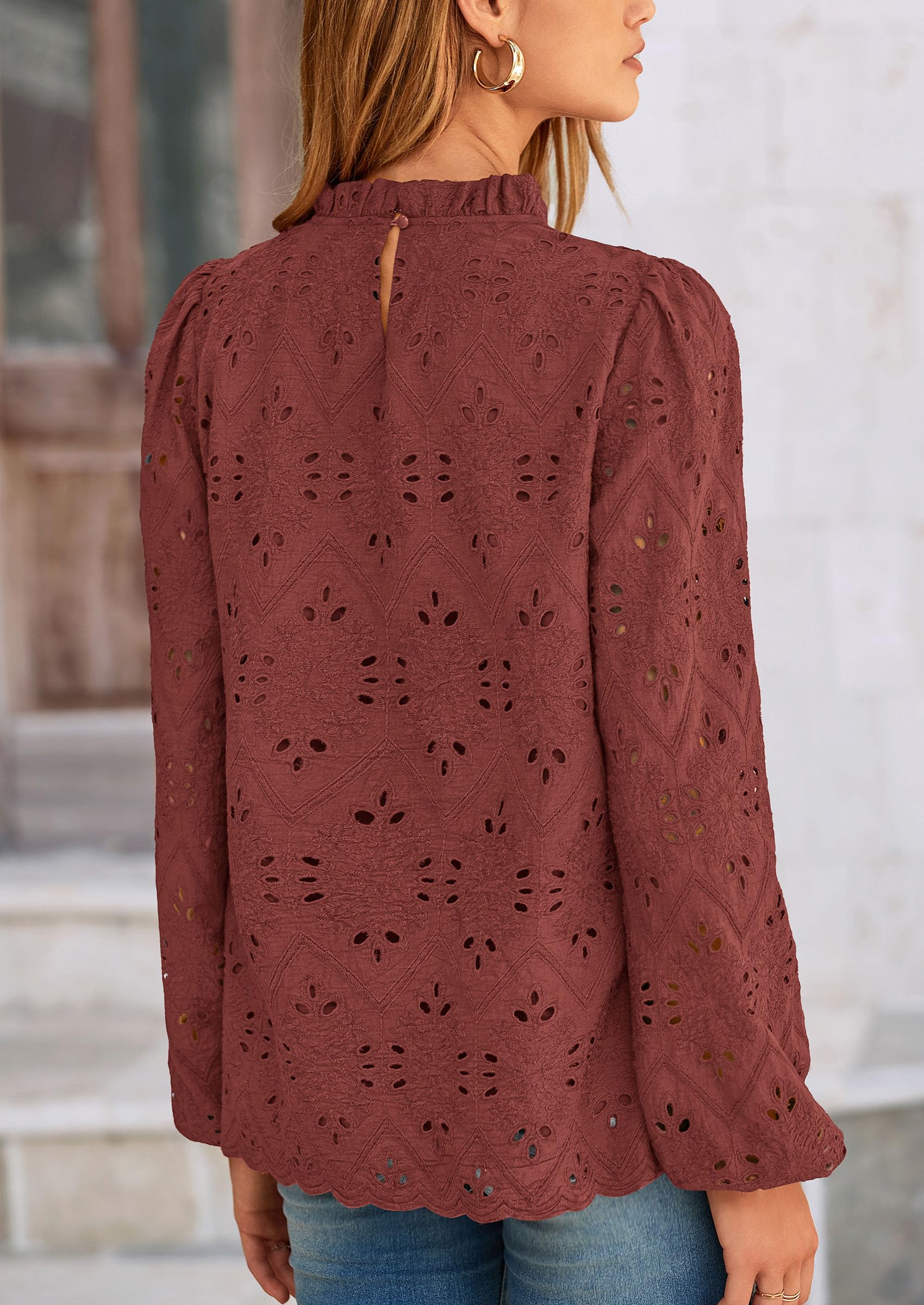 PRETTYGARDEN Womens Tops Dressy Casual Spring Long Sleeve Shirts Embroidered Eyelet Blouses Going Out Outfits