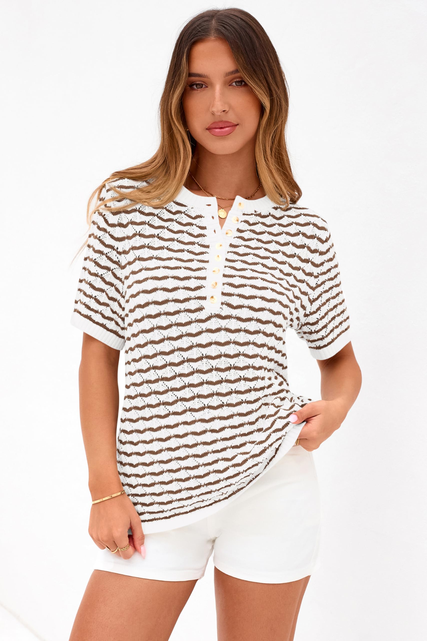 PRETTYGARDEN Cute Short Sleeve V Neck Sweaters for Women Summer Casual Striped Quarter Button Henley Shirts Knit Work Tops PRETTYGARDEN