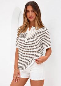 PRETTYGARDEN Cute Short Sleeve V Neck Sweaters for Women Summer Casual Striped Quarter Button Henley Shirts Knit Work Tops PRETTYGARDEN