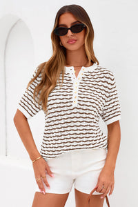 PRETTYGARDEN Cute Short Sleeve V Neck Sweaters for Women Summer Casual Striped Quarter Button Henley Shirts Knit Work Tops PRETTYGARDEN