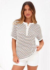 PRETTYGARDEN Cute Short Sleeve V Neck Sweaters for Women Summer Casual Striped Quarter Button Henley Shirts Knit Work Tops PRETTYGARDEN