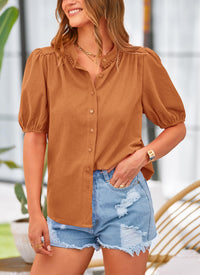 Summer Button Down Short Lantern Sleeve V Neck Cotton Blouses