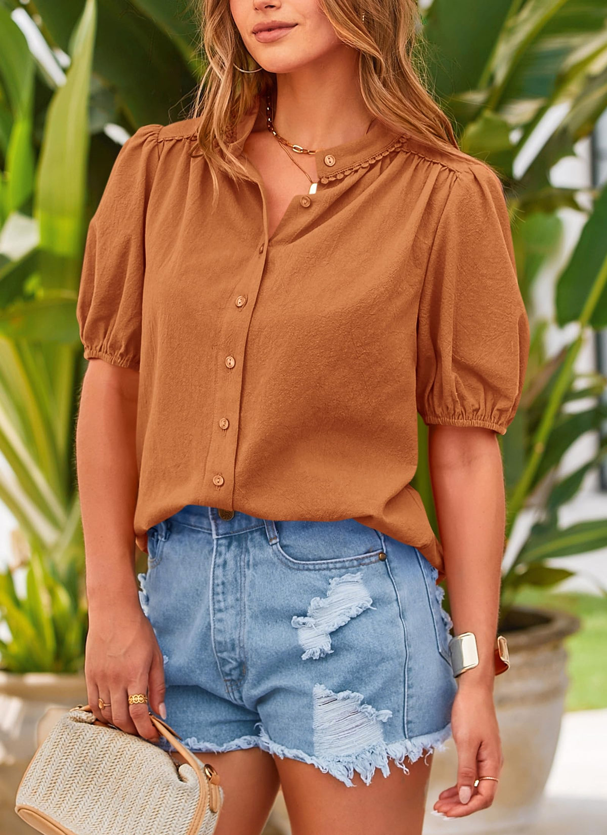 Summer Button Down Short Lantern Sleeve V Neck Cotton Blouses