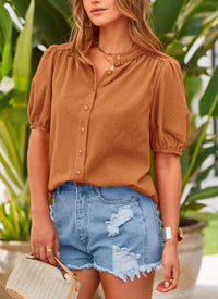 Summer Button Down Short Lantern Sleeve V Neck Cotton Tops