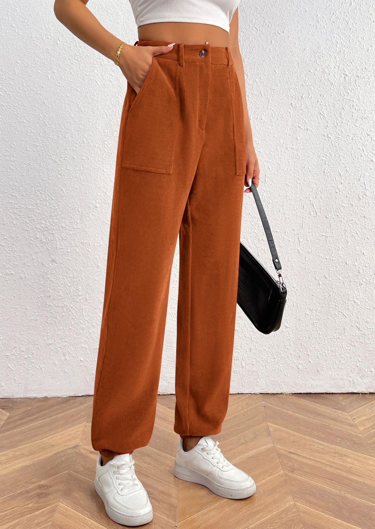 Women's Dressy Casual Pants Elastic High Waisted Work Office Corduroy Trouser Slacks with Pockets