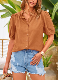 Summer Button Down Short Lantern Sleeve V Neck Cotton Blouses