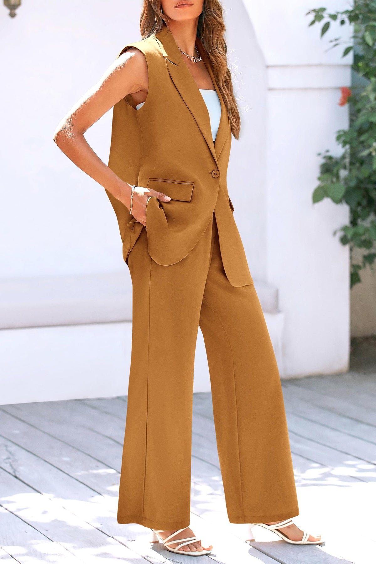 Sleeveless Suit Vest And Wide Leg Pants Business Casual Blazer Set