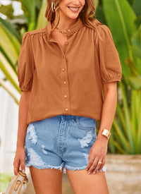 Summer Button Down Short Lantern Sleeve V Neck Cotton Blouses