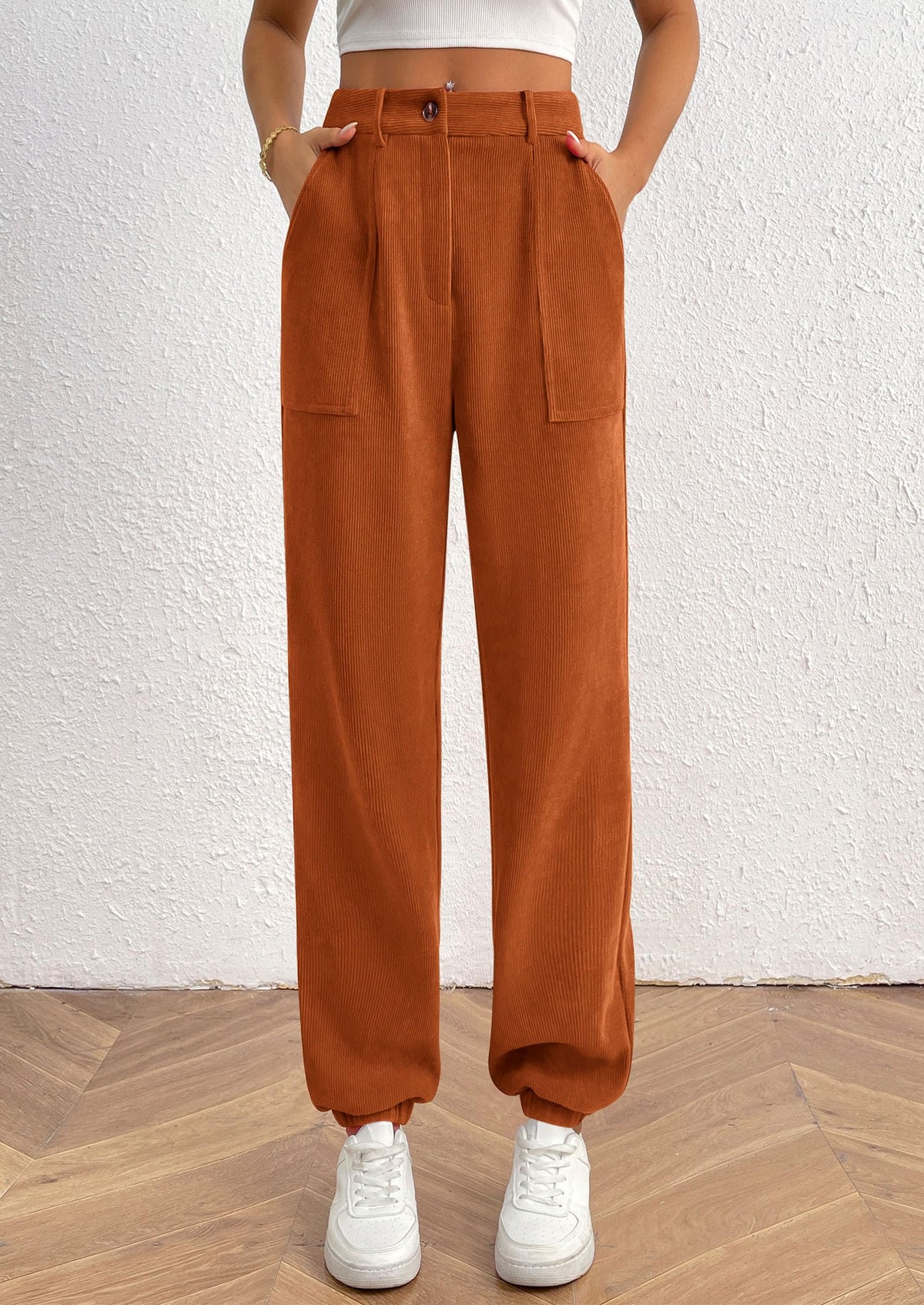 Women's Dressy Casual Pants Elastic High Waisted Work Office Corduroy Trouser Slacks with Pockets