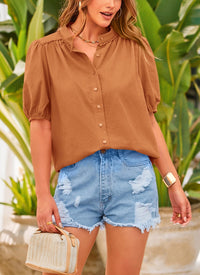 Summer Button Down Short Lantern Sleeve V Neck Cotton Blouses