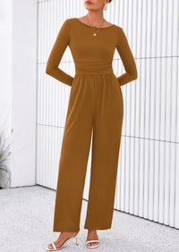 PRETTYGARDEN One Piece Jumpsuits for Women Dressy Casual Long Sleeve Crewneck Wide Leg Romper Overalls Spring Outfits