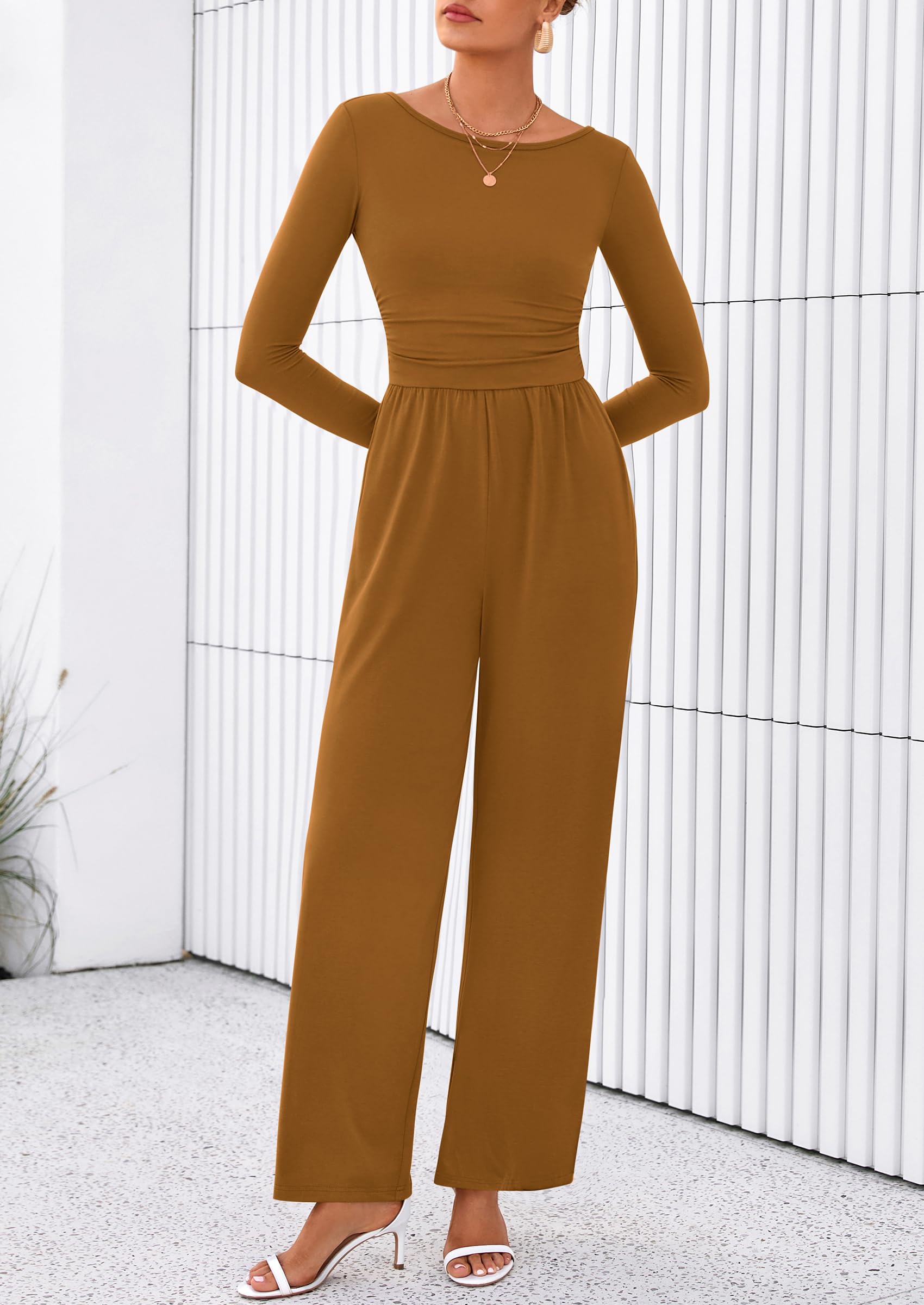 PRETTYGARDEN One Piece Jumpsuits for Women Dressy Casual Long Sleeve Crewneck Wide Leg Romper Overalls Spring Outfits