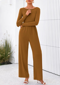 PRETTYGARDEN One Piece Jumpsuits for Women Dressy Casual Long Sleeve Crewneck Wide Leg Romper Overalls Spring Outfits