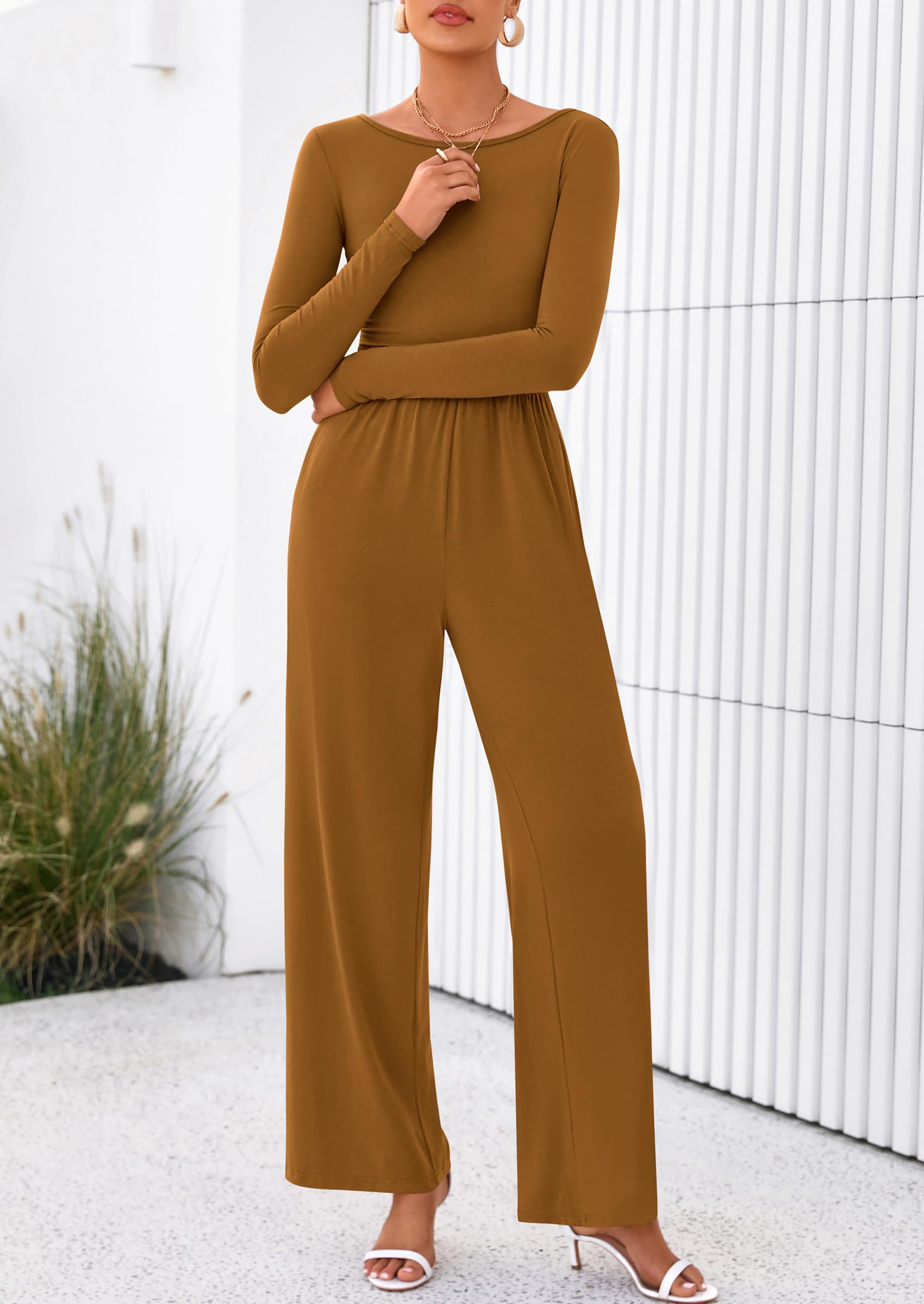 PRETTYGARDEN One Piece Jumpsuits for Women Dressy Casual Long Sleeve Crewneck Wide Leg Romper Overalls Spring Outfits