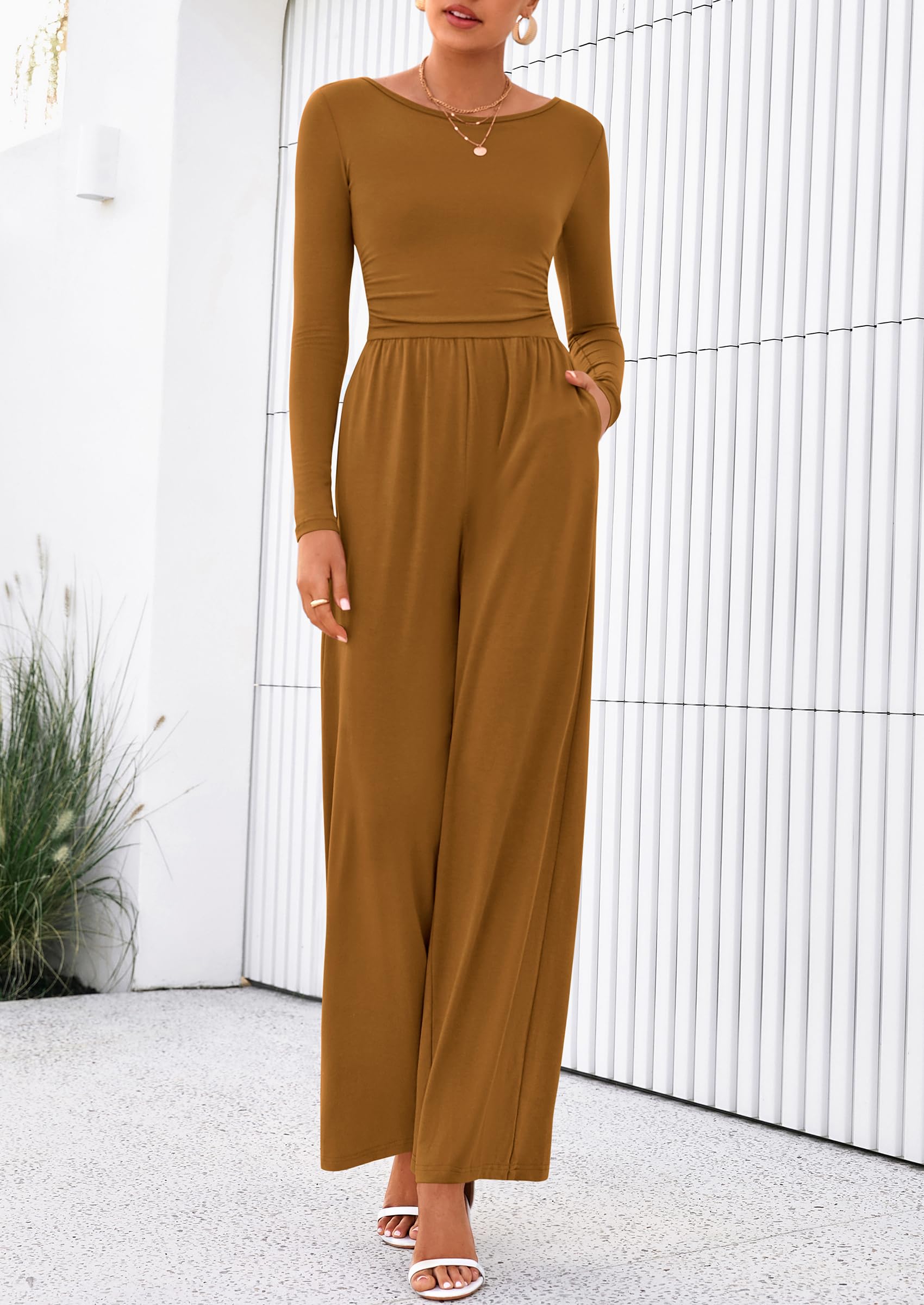 PRETTYGARDEN One Piece Jumpsuits for Women Dressy Casual Long Sleeve Crewneck Wide Leg Romper Overalls Spring Outfits