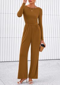 PRETTYGARDEN One Piece Jumpsuits for Women Dressy Casual Long Sleeve Crewneck Wide Leg Romper Overalls Spring Outfits