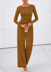 PRETTYGARDEN One Piece Jumpsuits for Women Dressy Casual Long Sleeve Crewneck Wide Leg Romper Overalls Spring Outfits