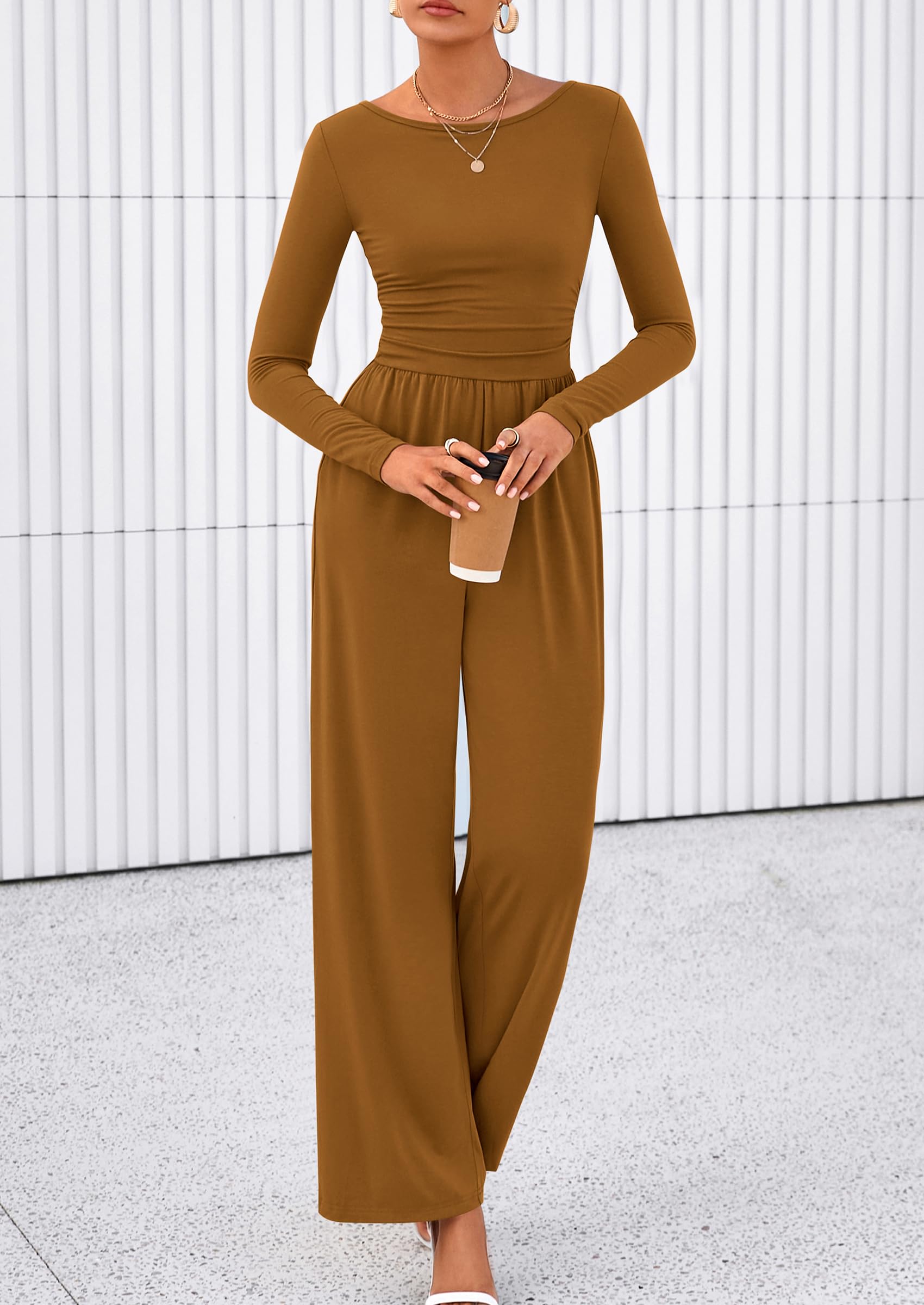 PRETTYGARDEN One Piece Jumpsuits for Women Dressy Casual Long Sleeve Crewneck Wide Leg Romper Overalls Spring Outfits