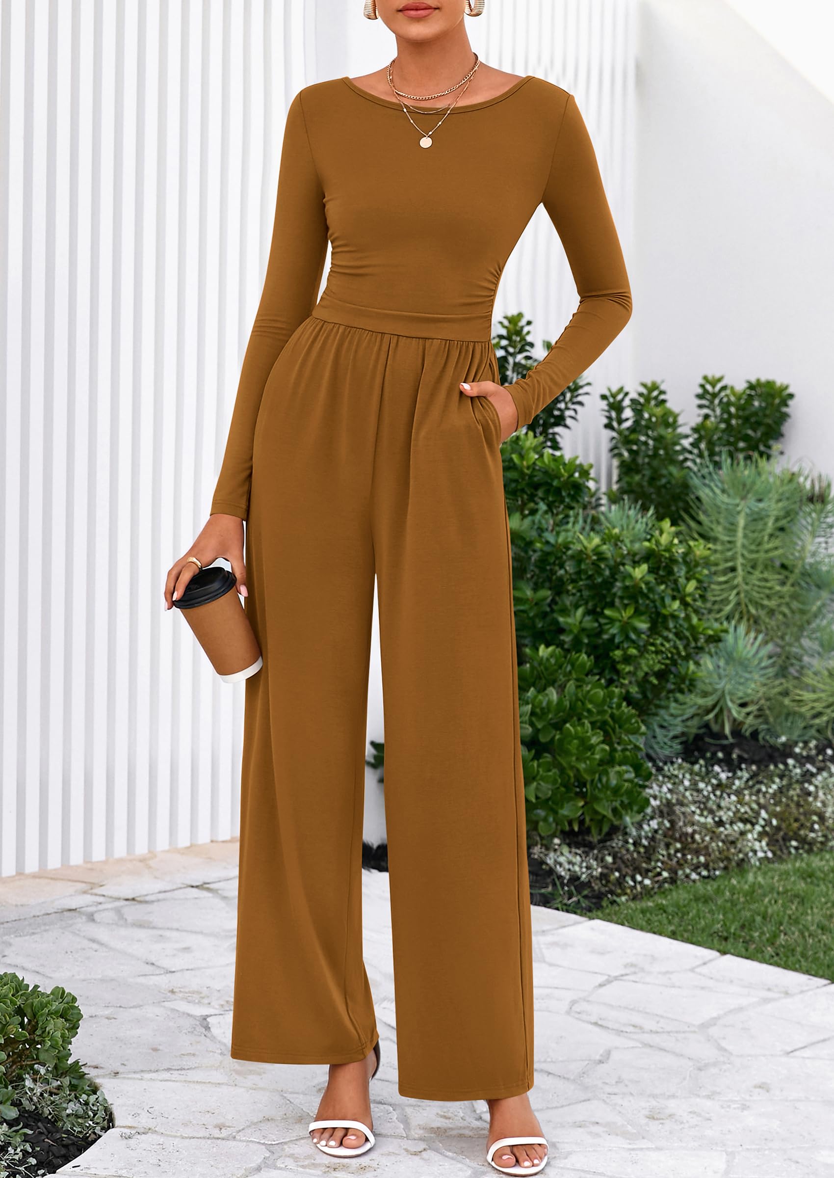 PRETTYGARDEN One Piece Jumpsuits for Women Dressy Casual Long Sleeve Crewneck Wide Leg Romper Overalls Spring Outfits