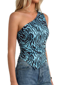 PRETTYGARDEN Women's Floral Mesh Tops Summer Asymmetrical One Shoulder Sleeveless Ruched Shirts Spring Going Out Clothes PRETTYGARDEN