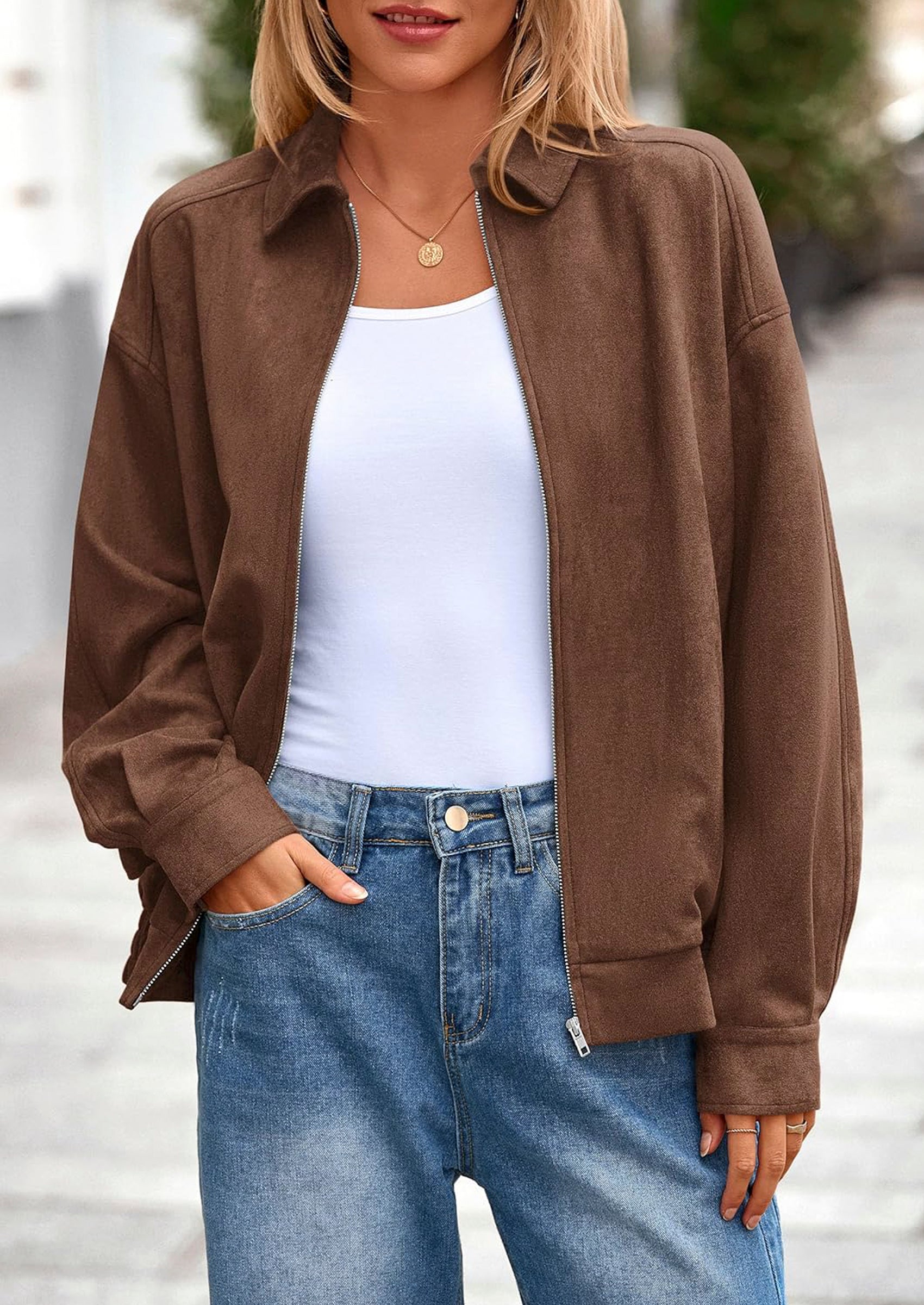 PRETTYGARDEN Women's Faux Suede Motorcycle Jacket Trendy Fall Fashion Oversized Zip Up Coats Winter Clothes Outerwear