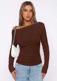 PRETTYGARDEN Off The Shoulder Tops for Women Going Out Long Sleeve Shirts Fall Casual Fitted Ribbed Ruched Y2K Clothes