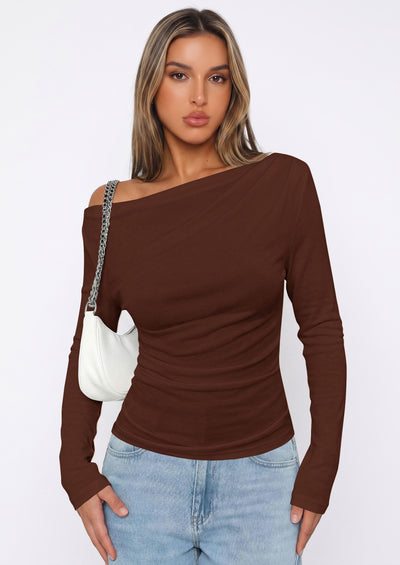 PRETTYGARDEN Off The Shoulder Tops for Women Going Out Long Sleeve Shirts Fall Casual Fitted Ribbed Ruched Y2K Clothes