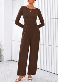 PRETTYGARDEN One Piece Jumpsuits for Women Dressy Casual Long Sleeve Crewneck Wide Leg Romper Overalls Spring Outfits