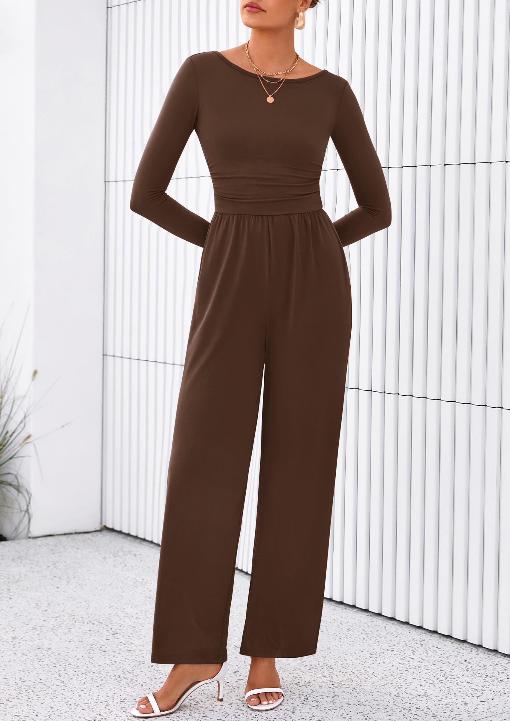 PRETTYGARDEN One Piece Jumpsuits for Women Dressy Casual Long Sleeve Crewneck Wide Leg Romper Overalls Spring Outfits