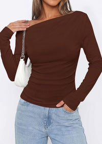 PRETTYGARDEN Off The Shoulder Tops for Women Going Out Long Sleeve Shirts Fall Casual Fitted Ribbed Ruched Y2K Clothes